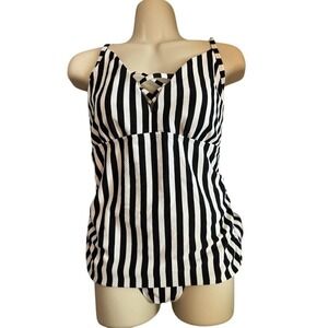 Striped Tankini Swimsuit Top Criss Cross Back Black White Swimwear